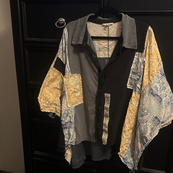 Blue Velvet Med. Women's Patchwork Button Down Shirt - Black, Blue, Yellow ❤️ - Picture 1 of 5